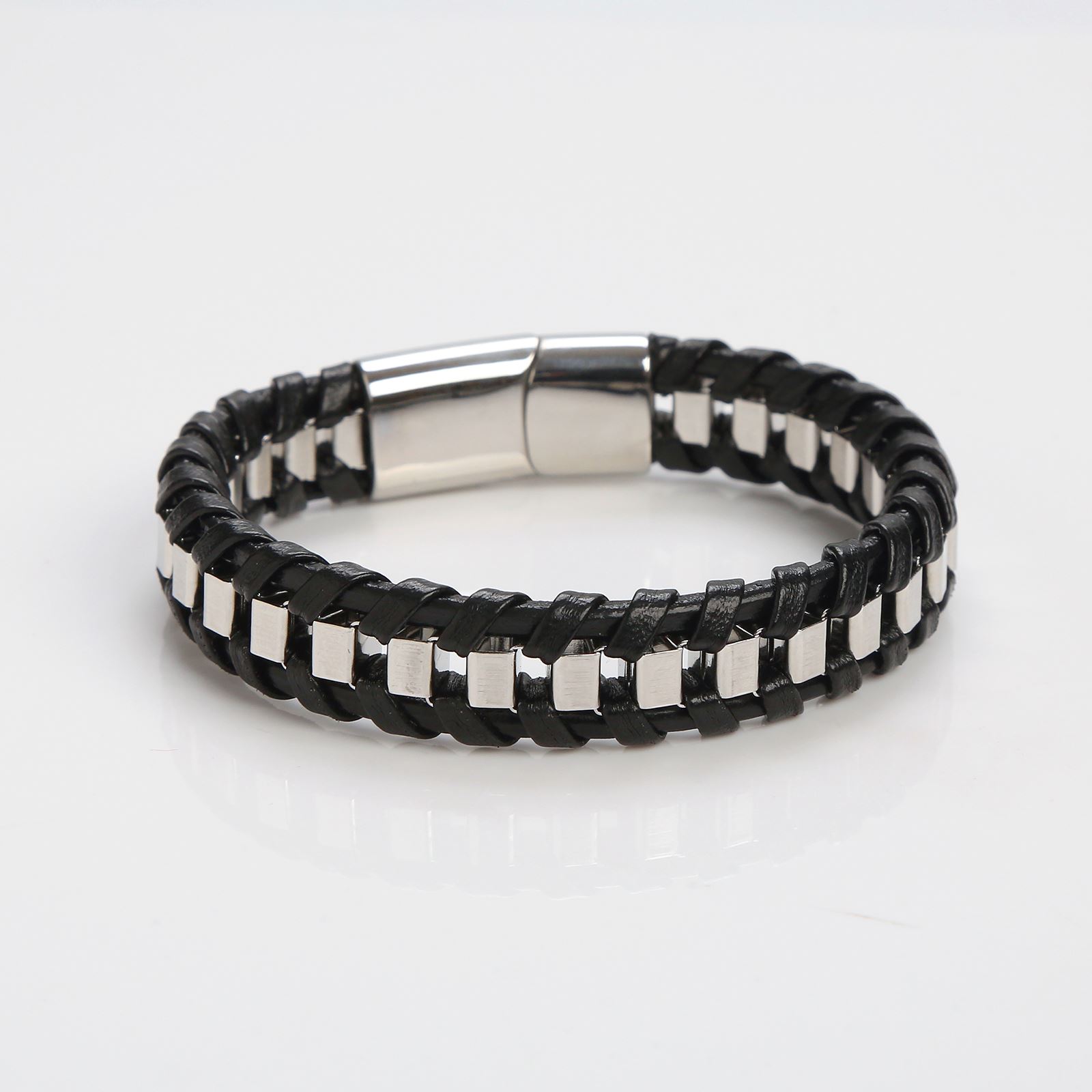 Classic Hand Woven Stainless Steel Leather Bracelets For Men Gold Black Color Charming Jewelry Punk Hip-Hop Bracelets Gift 18.5cm серебряный