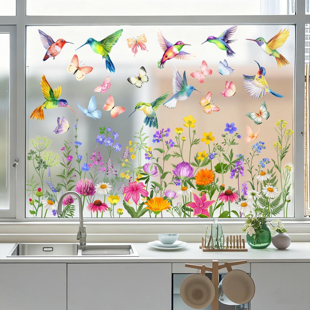 Jarní samolepky na okna Statické samolepky Ptáci na větvích s květinami a motýly pro skleněné dveře Domácí dekorace