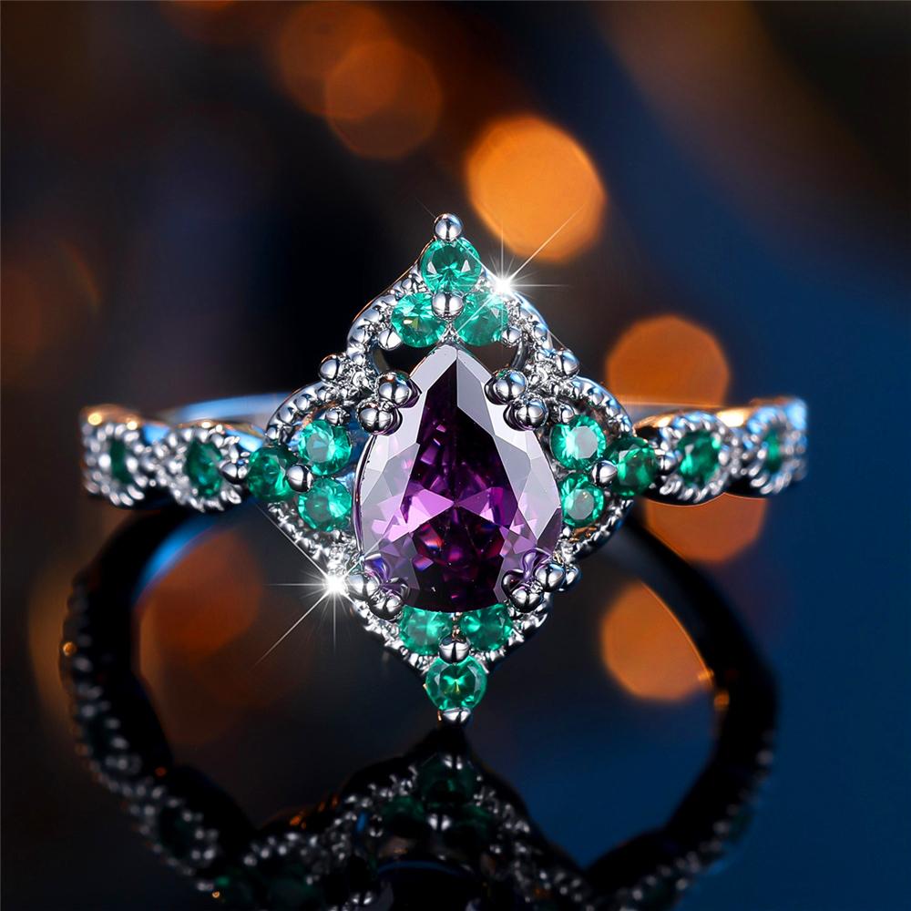 Trendy Pink Purpl Zircon Crystal Drop Stone Vintage CopperGold Color Wedding Bands Engagement Rings For Women Jewelry