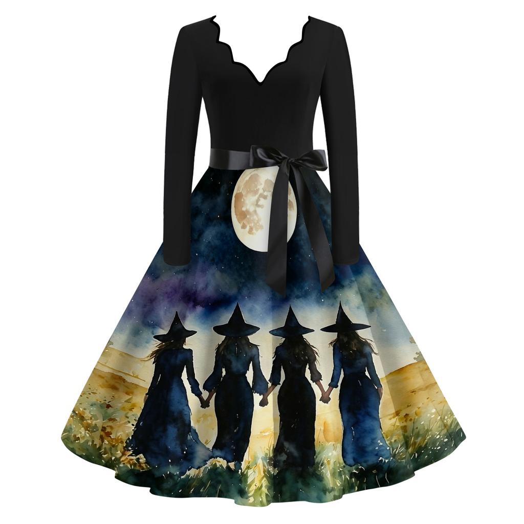 Women's Retro Long Sleeve V-Neck Halloween Witch Print Party Dress