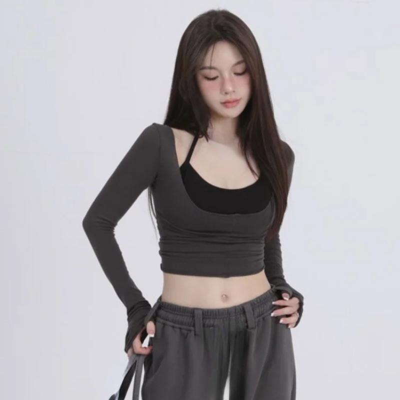 Two Pieces Set Y2k Aesthetic Harajuku T-shirts Halter Long Sleeve Tee Shirts Femme All Match Spaghetti Stap Patchwork Top Women