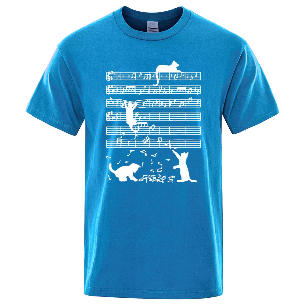 Cotton T Shirt Printed Cat Playing Staves Funny T-shirts for Men Summer Short Sleeve Top Tee Shirts Casual Basic Mens T-shirt
