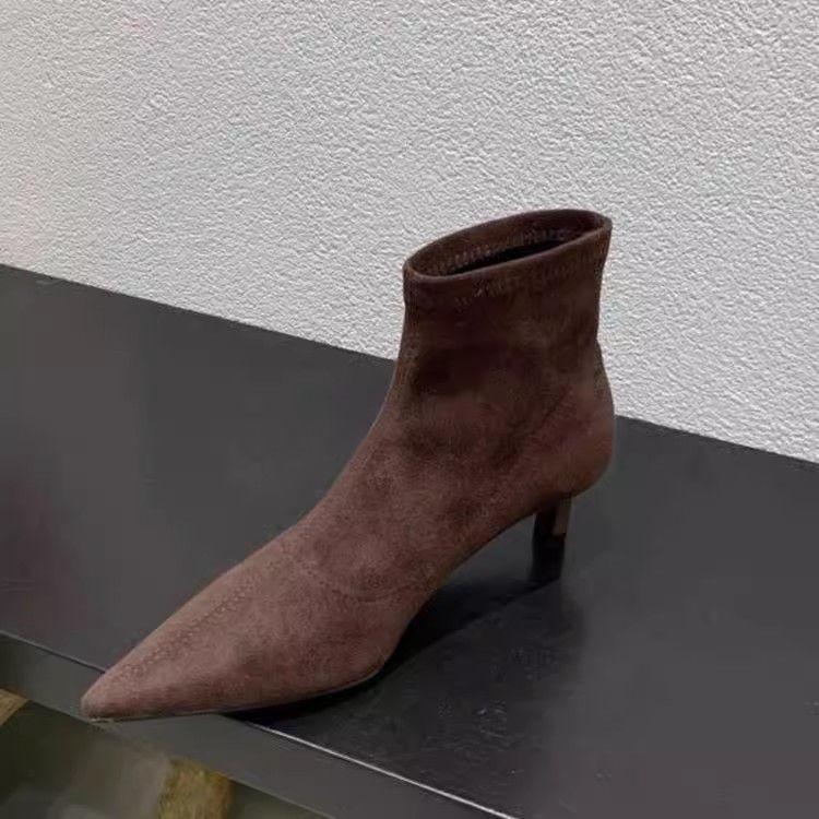 Damen Spitz elastische Stiefel Kinder Kurzstiefel Skinny Stiefel Dünner Absatz Schwarze kleine einzelne Stiefel Weiche Sohle Wildleder schlicht