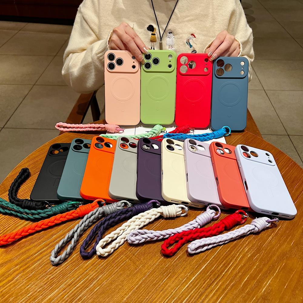 Braided Thick Cord Wrist Strap Bracelet Liquid Silicone Magnetic Case For iPhone 11 12 13 14 15 16 17 Pro Max Air Plus Cover