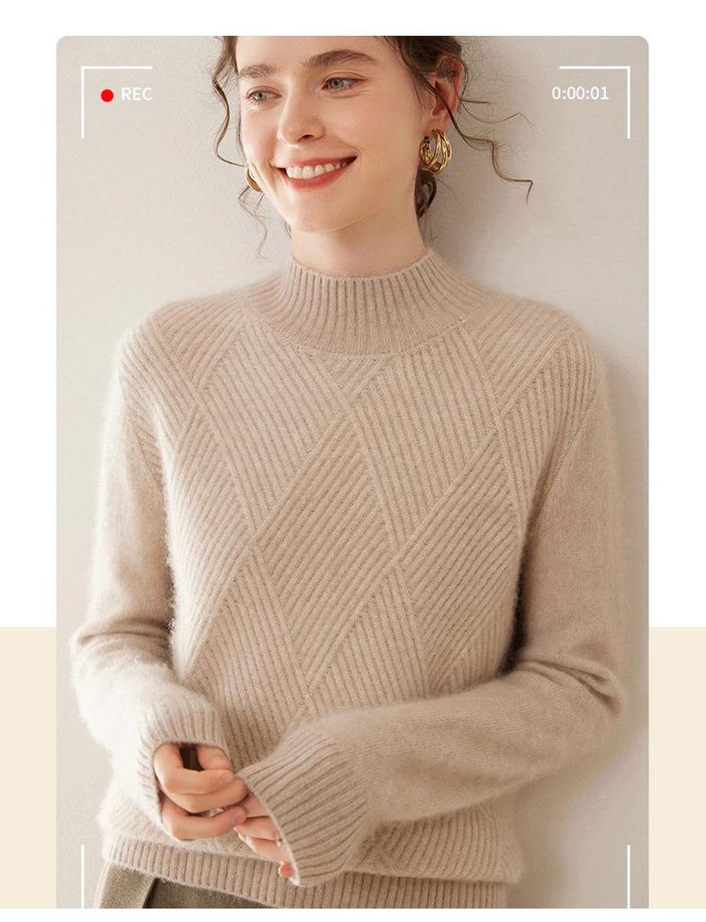 Women's Red Diamond Pattern Cashmere Sweater: Half-High Collar, Thickened, Plus Size, Loose, Warm, Autumn/Winter, Short Style.