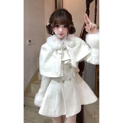 Elegante Miss White Dames Cape Jurk Set met Strik en Taille-Afslanking - Lente/Herfst Tweestuk