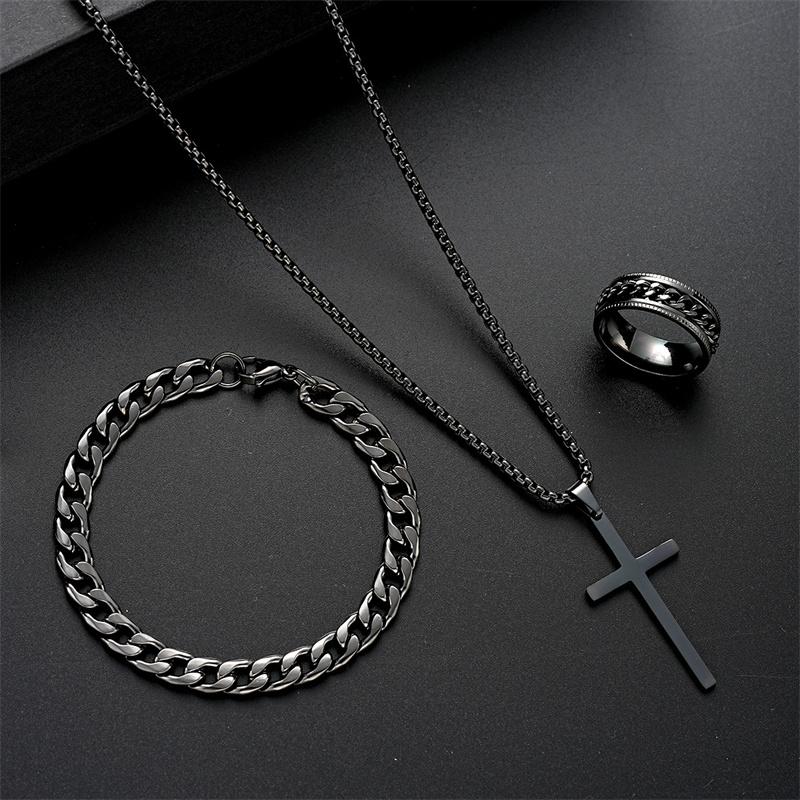 Black Titanium Steel Cross Pendant Necklace for Men Women Minimalist Male Female Chokers Box Chain Necklace Party Jewelry Set