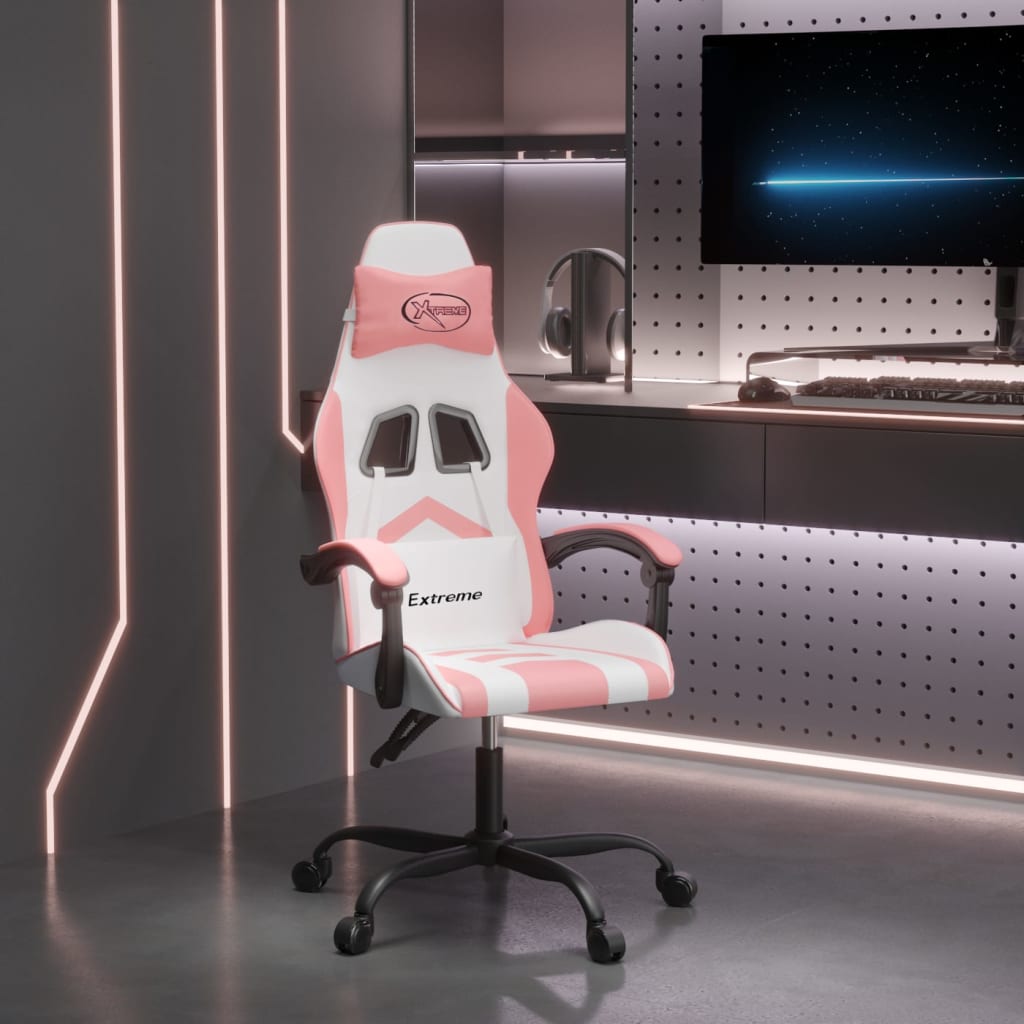Gaming Chair In White and Pink Faux Leather