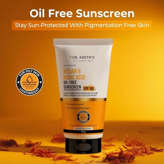 Dr. Sheth's Kesar & Kojic Acid Oil-Free Sunscreen SPF 50+, PA++++ | Reduces Pigmentation & Provides Healthy Glow | No White Cast | 50g