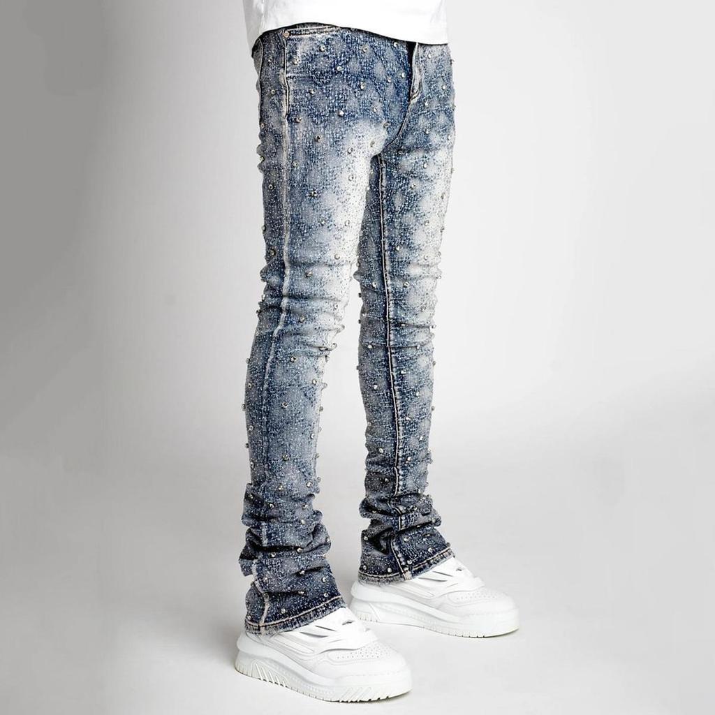 Men's European & American Fashion Straight Denim Pants with Elastic Pearl Layered Detail