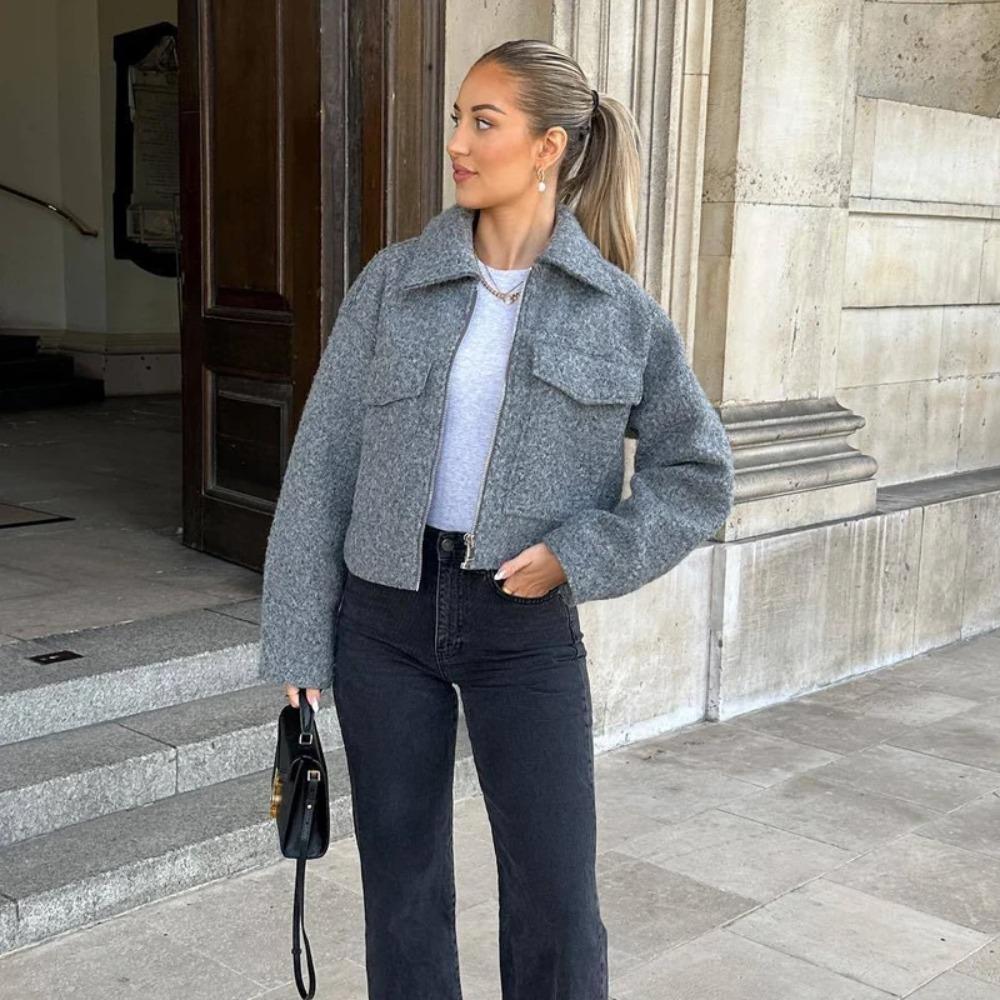 Tweed Cropped Jackets for Women Zip Bomber Jacket Long Sleeve Jackets Streetwear Coats and Jackets