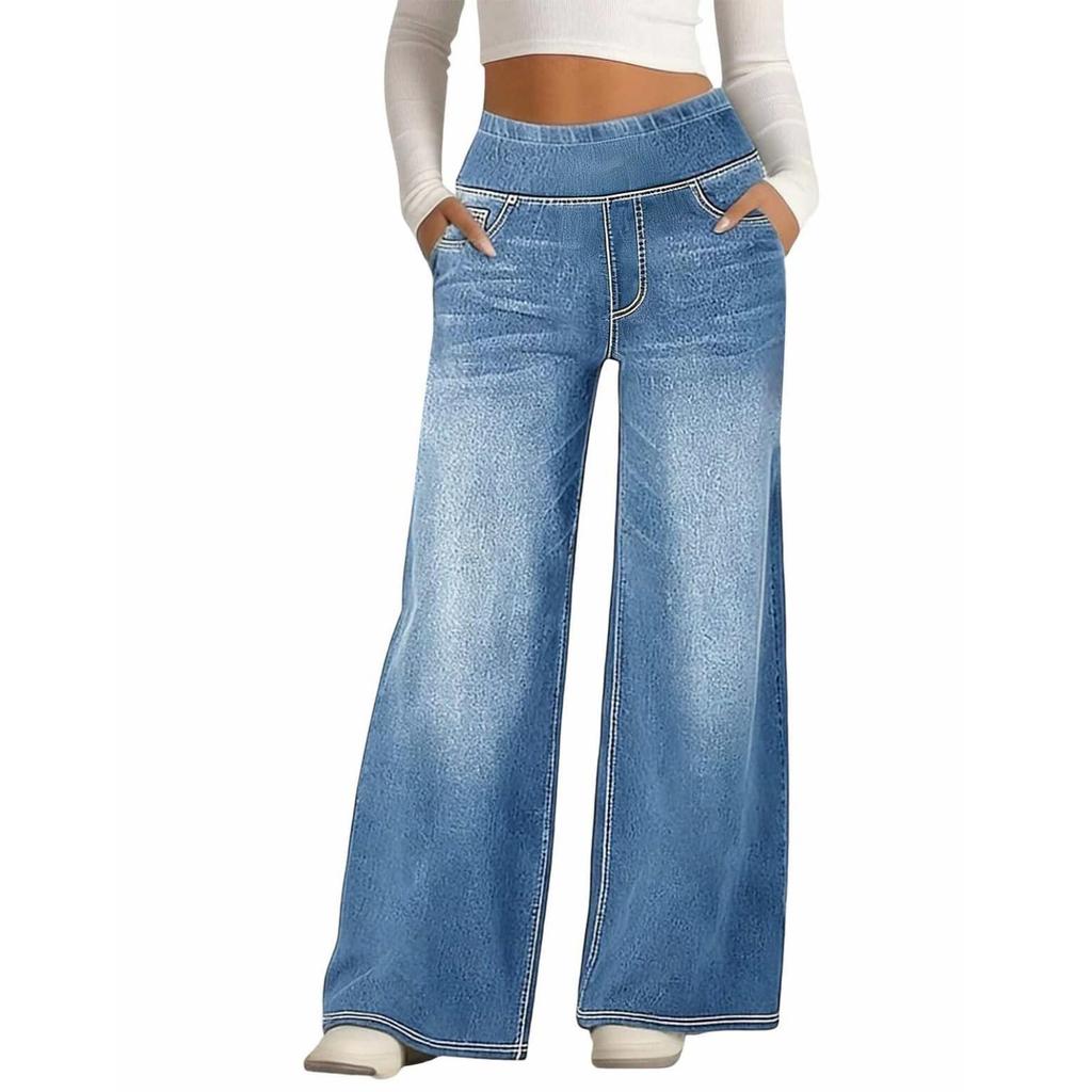Women Wide Leg Relaxed Fit Denim Trousers Casual High Waisted Straight Pants Jeans