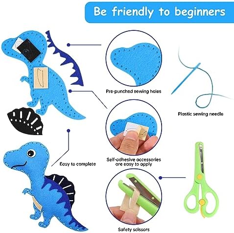 Kinder Nähset 14 Teile Dinosaurier Filz Bastelset, DIY Anfänger Nähset mit Füllwatte Garn Schere, Pädagogisches Kreatives Kunstgeschenk für Jungen Mädchen