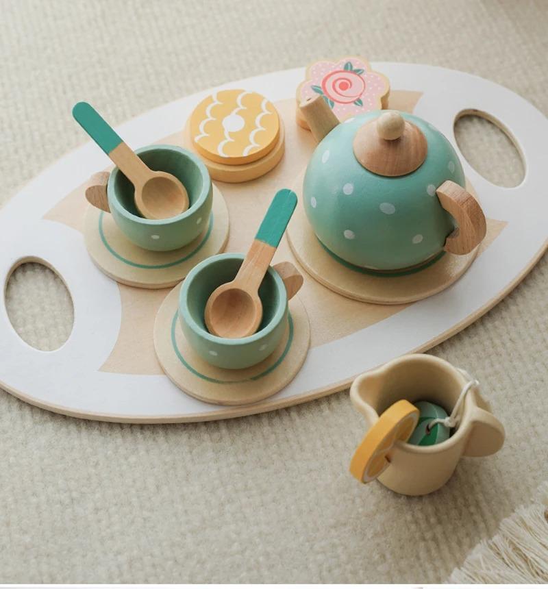 Wooden Tea Set Toys Pretend Play Kitchen Accessories for Kids Food Afternoon Tea Role Play Game for Toddlers Girls Boys Gifts