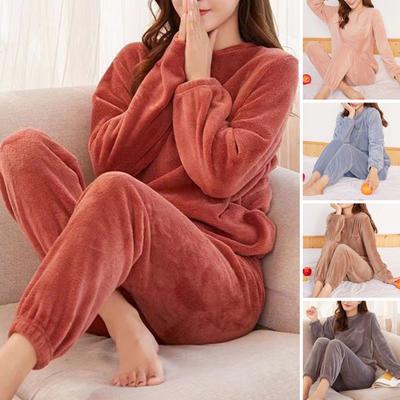 2 Pcs/Set Women Winter Pajamas Set Soft Thick Plush Cold Resistant Solid Color Round Neck Elastic Waist Long Sleeve Lady Homewear Sleeping Set