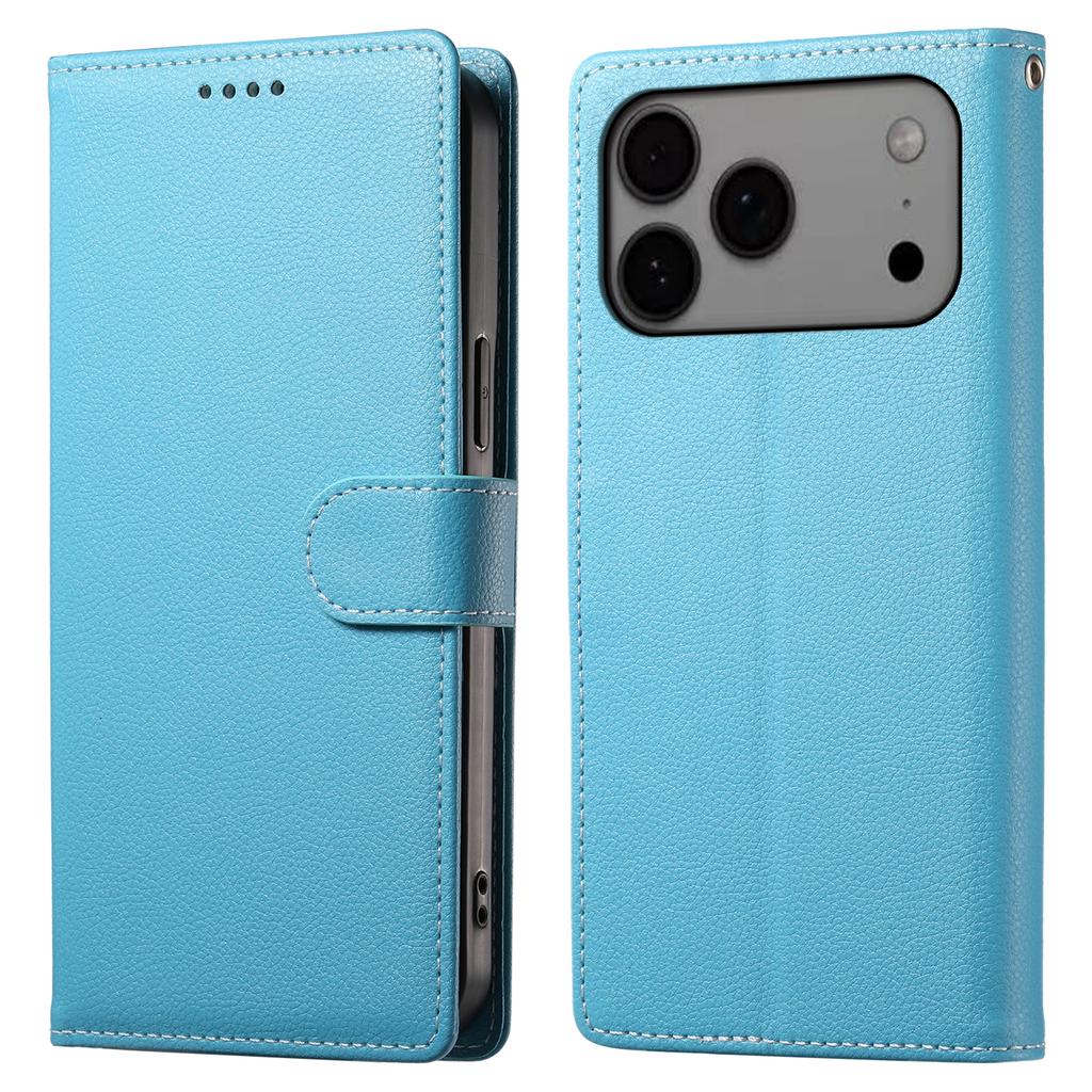 For iPhone 17 Pro Max Case Magnetic Snap Litchi Texture Leather Wallet Phone Cover with Wrist Strap