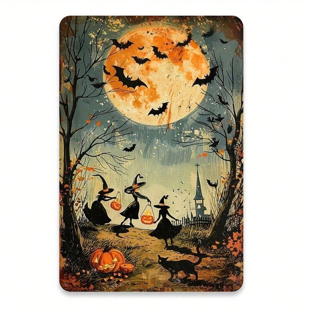 Vintage Halloween Witch Metal Sign 8x12in, Retro Bat Wall Decor for Home Garden Cafe Garage, Indoor Outdoor