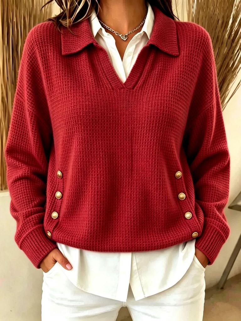 2026 Women's Casual Autumn/Winter Loose Lapel Waffle Knit Button Sweatshirt with Pockets