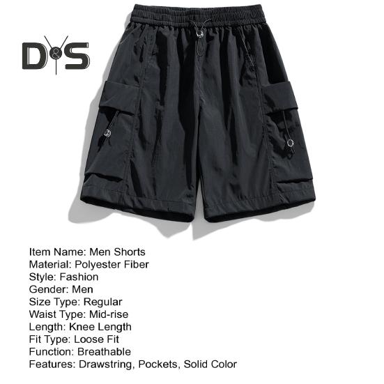 Pantaloni scurți pentru bărbați, cu talie elastică și șnur reglabil, sport, cu buzunare multiple, culoare solidă, croială lejeră, pantaloni scurți casual