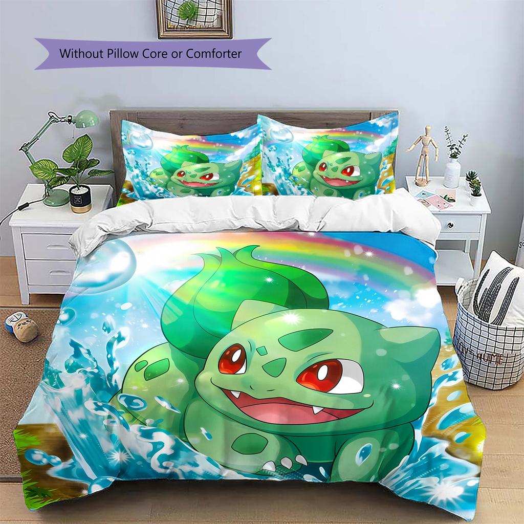 Pokémon Bulbasaur Vzor Povlečení Domácí Dekorace Narozeninový Dárek (1 * povlak na peřinu + 2 * povlak na polštář, bez jádra)
