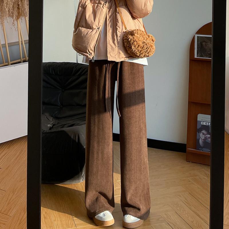 Herringbone Chenille Wide-leg Pants for Women's Autumn and Winter New Style Plush Pants for Slimming Loose Casual High-waist Straight-leg Pants