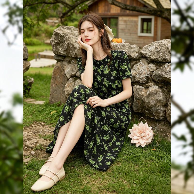 French Retro Floral Print Maxi Dress