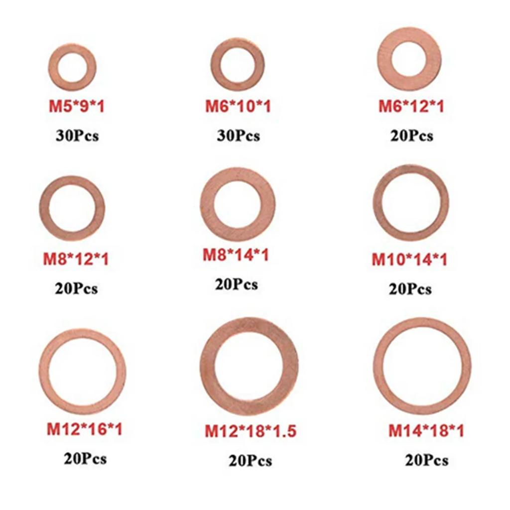 200 Piezas Arandela de Cobre Junta Tuerca y Perno Juego Surtido Anillo Plano Sello Kit con Caja //M8/M10/M12/M14 para Tapones de Cárter