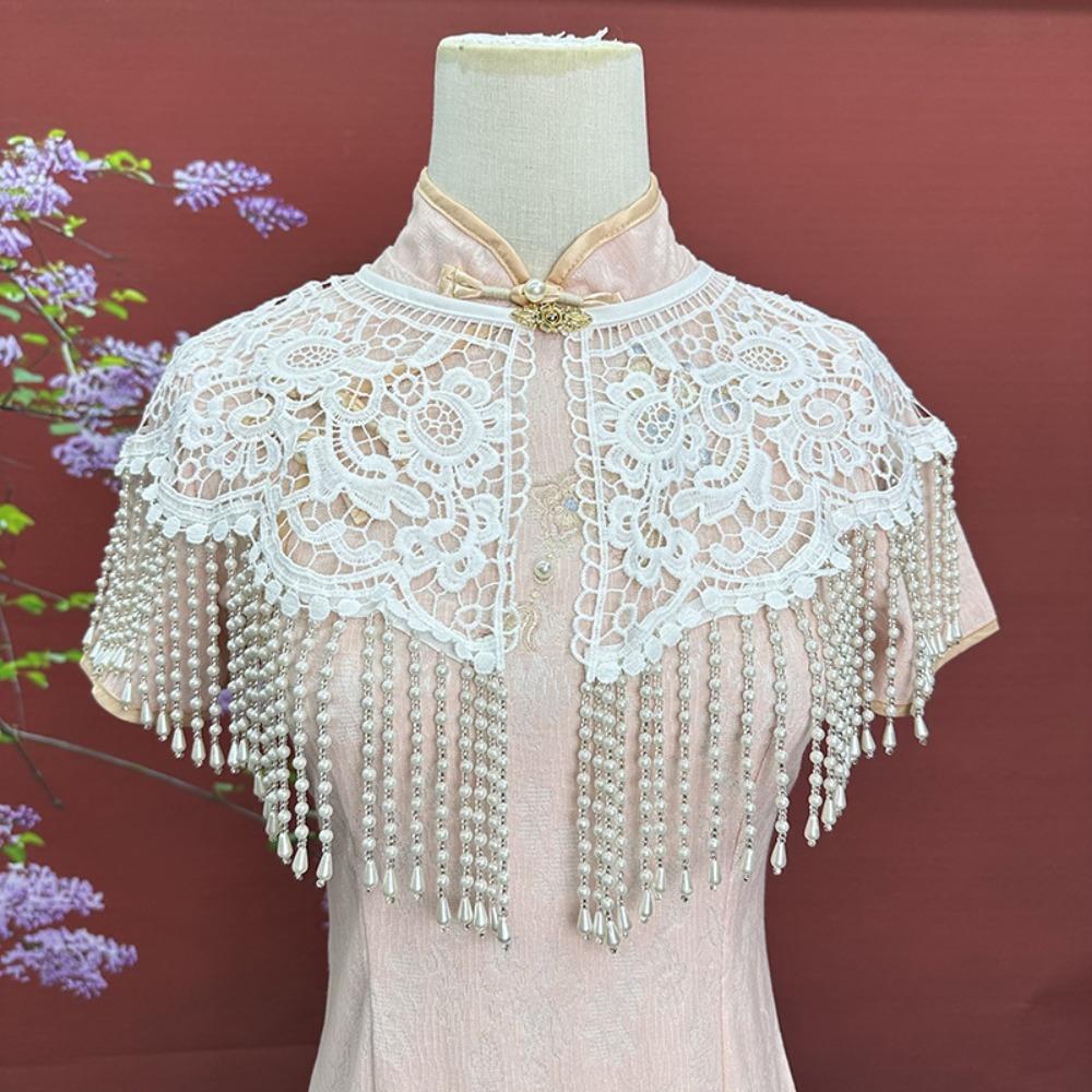 Handmade Pearl Tassel Shawl Vintage False Collar Hanfu Accessory Lace Shawl  Spring