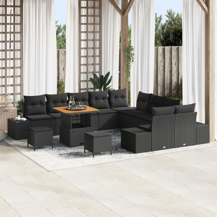 Ensemble de Canapés de Jardin vidaXL 13 pièces avec coussins noir poly rattan acacia, Canapé de Jardin 2 Places vidaXL 3362839