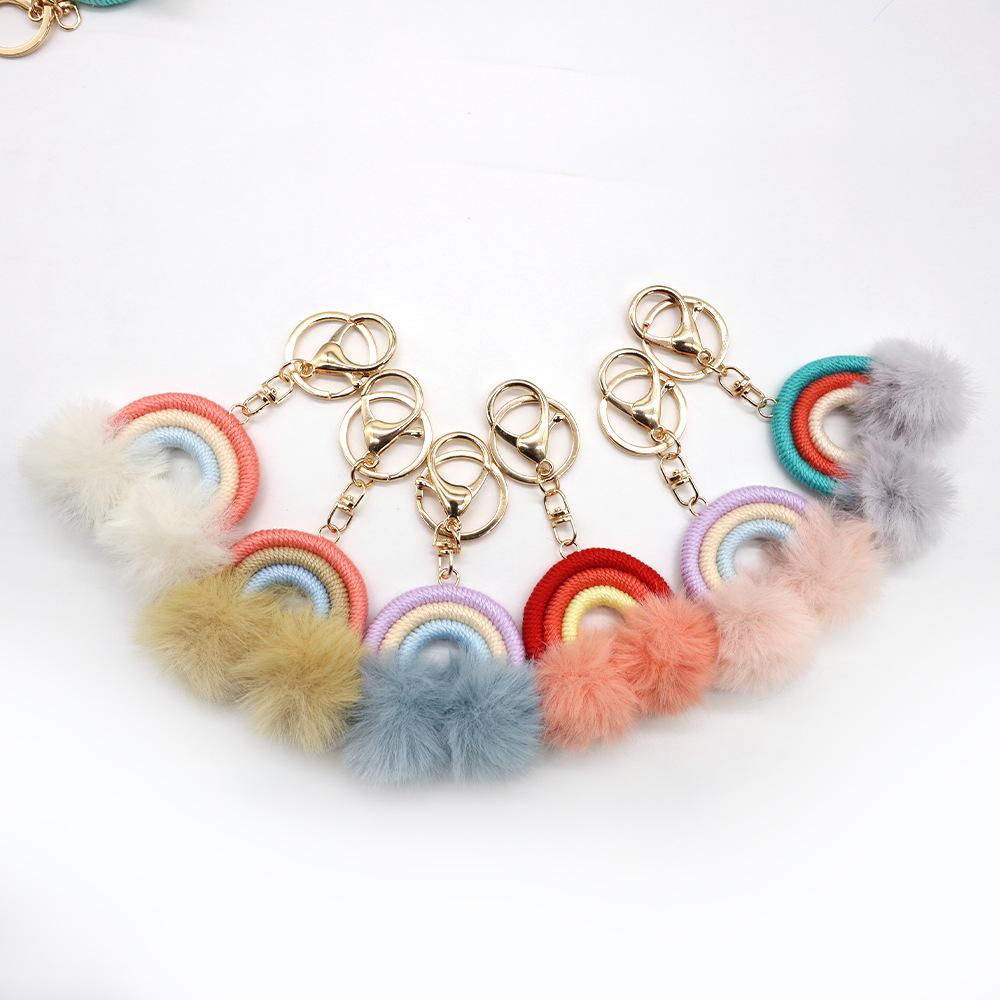 Korean Style Rainbow Fluffy Ball Keychain - Handmade Woven Bag Pendant