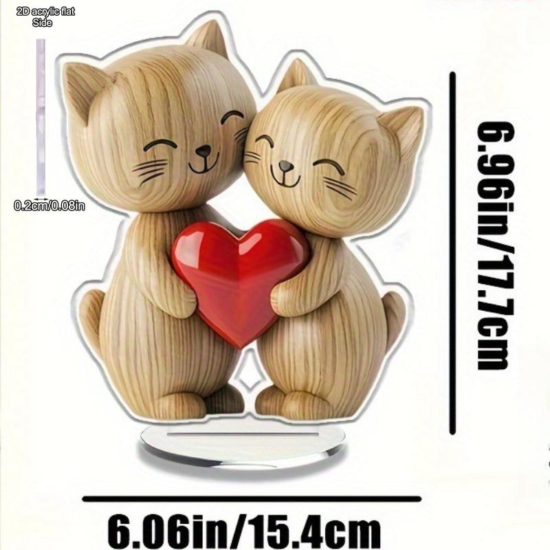 Wooden Kitten Couple Sculpture Light Dark Wood Grain Charming 2D Flat Cat for Wedding Anniversary Gift Desk Decoration, Acrylic Desktop Ornament