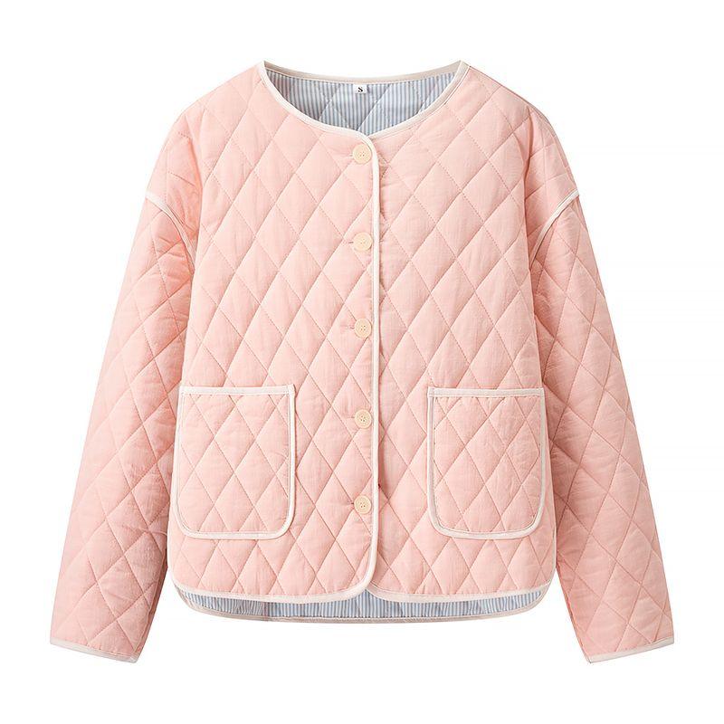 

Casual Special French Minimalist Style Quilted round Neck Stylish Color-Contrasting Stripe Short Cotton Coat Heattech Tops Pink L