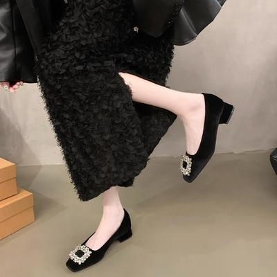 French Thick Heel Low Heel Rhinestone Summer Square Head Single Shoes Women's 2024 New Large Size Women's Shoes 41-43 Wide Fat Feet
