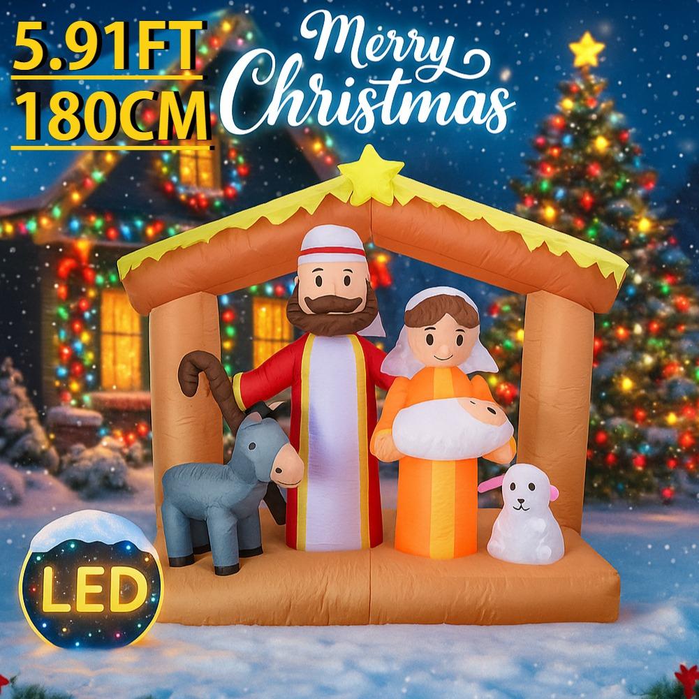 5.91FT Inflatable Toy Jesus Donkey Lamb Nativity With LED Lights Xmas Decorations for Yard Supplies Home Ornament Festive Gifts