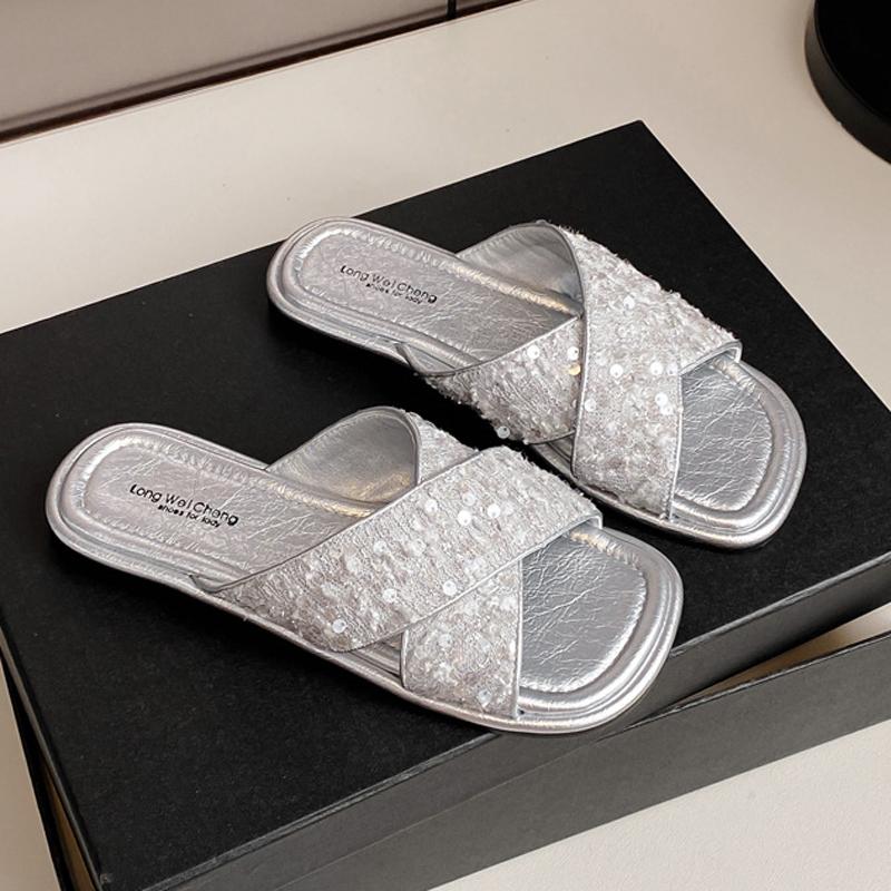 Fashion Silver Paillette Slippers Woman Cross Band Flats Sandals Ladies Summer Flipflops Bling Bling Slides Shoes Femme House Pantuflas