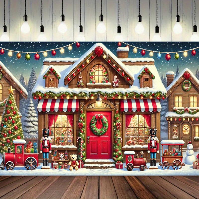 Christmas Decoration Banner: Polyester Santa Claus Workshop Scene with Nutcracker and Snowman: Multi-purpose Holiday Background