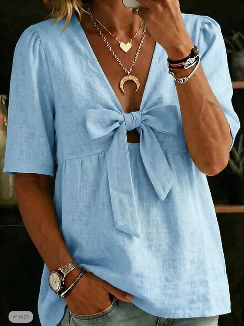 

Women V Neck Short Sleeve Bow Tie Front Blouse Casual Summer Top XXL