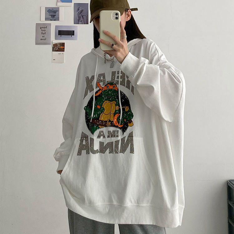 Plus Size Women Spring Autumn Korean Style Hoodie Loose Casual Hooded Sweatshirts Oversized Printed Tops