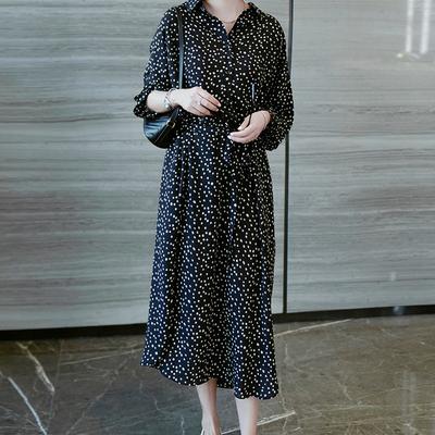 İlkbahar Yeni İnce Puantiyeli Uzun Elbise Moda Yabancı Stil Baskılı Günlük Bol A Kesim Elbise Kadın