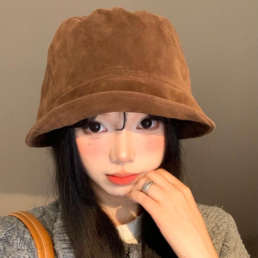 Suede Fisherman Hat Women's Maillard Retro Face Enhancing Small Bucket Versatile Head Circumference Coffee Colored