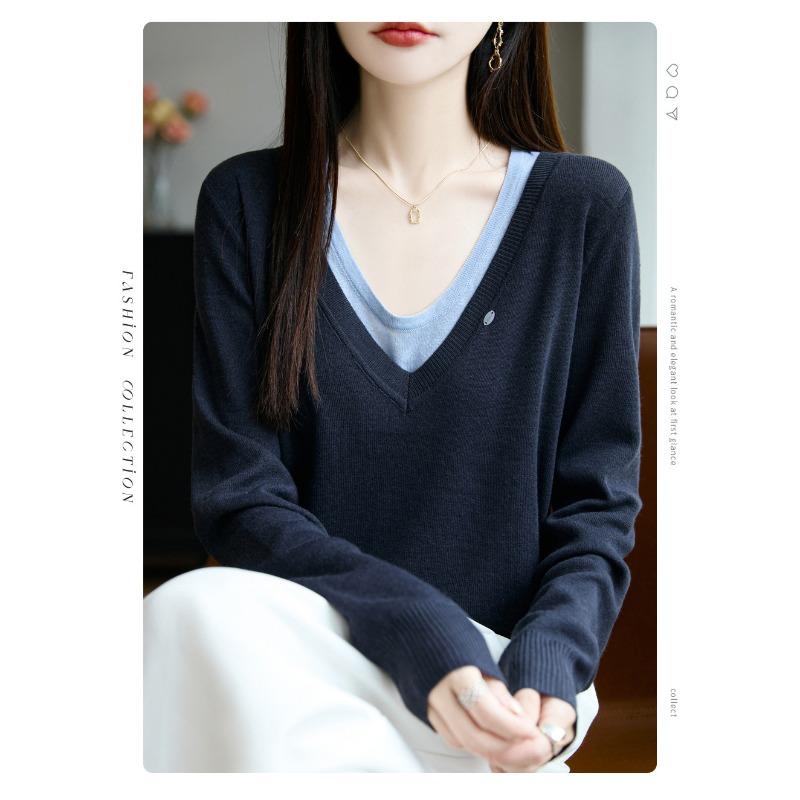 Women S V Neck Fake Two Piece Knit Sweater Long Sleeve Casual Top