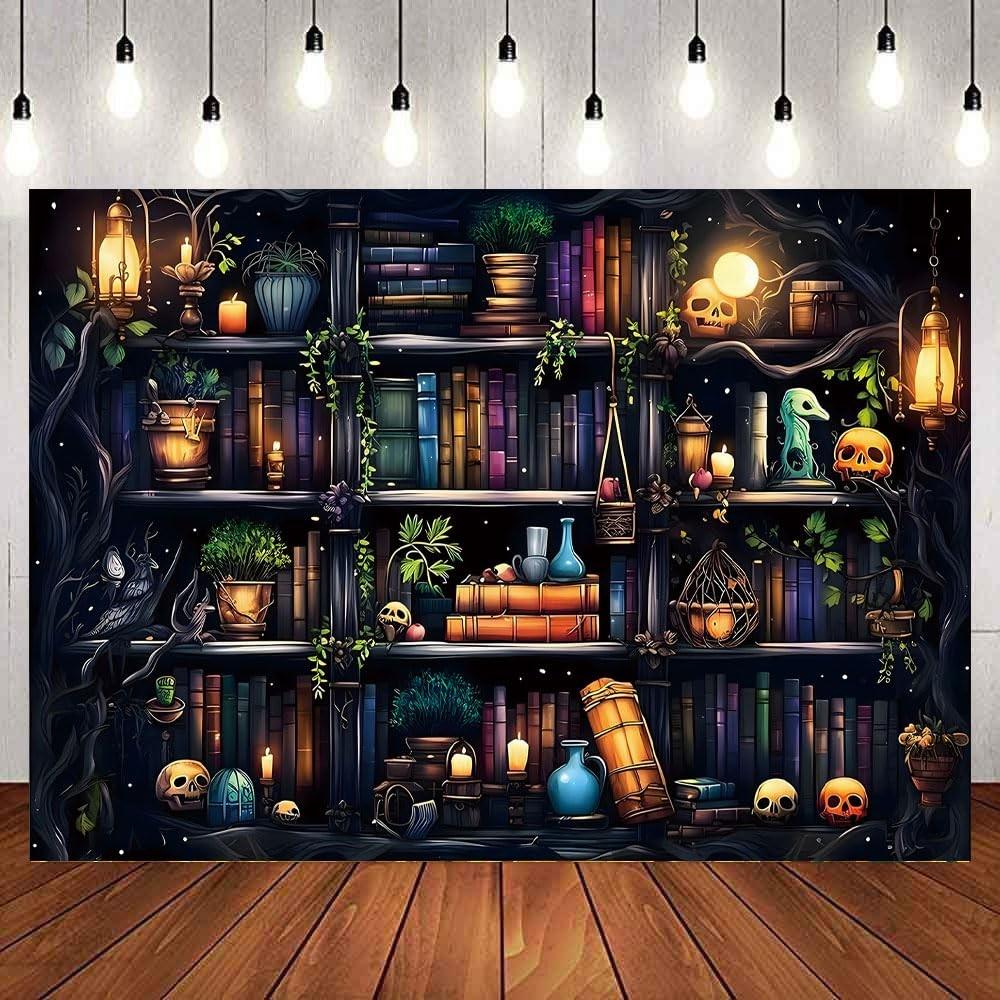 IADIUENOG 7x5ft Halloween Bookshelf Backdrop Skull Spooky Witch 7x5ft, black