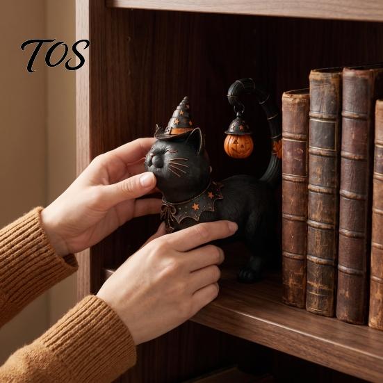 Small Statue for Balcony Halloween Black Cat Wearing Hat Figurine, Resin Witch Dark Style Figurine Desk Shelf, Spooky Cute Home Decor, Gift