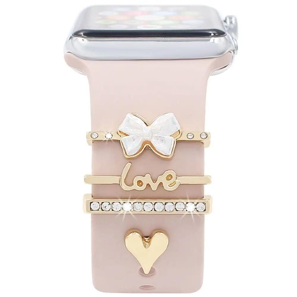 4Pcs Watch Band Ornament for Apple Watch Band Fashion Flower Heart-shaped Decor Ring for Iwatch Strap Accessory Wristbelt Charms