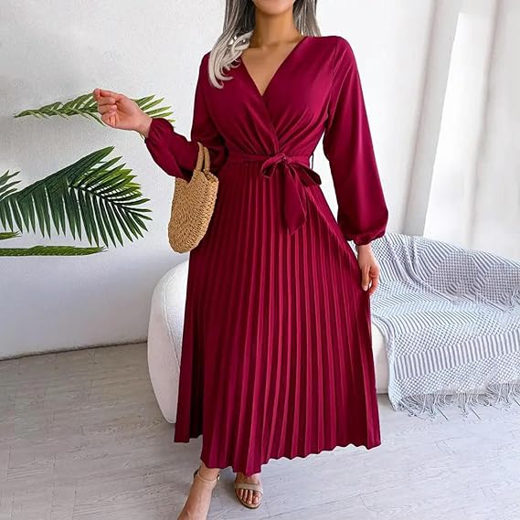 Women's Maxi Dress V-Neck Long Sleeve Cross Pleated Long Dress