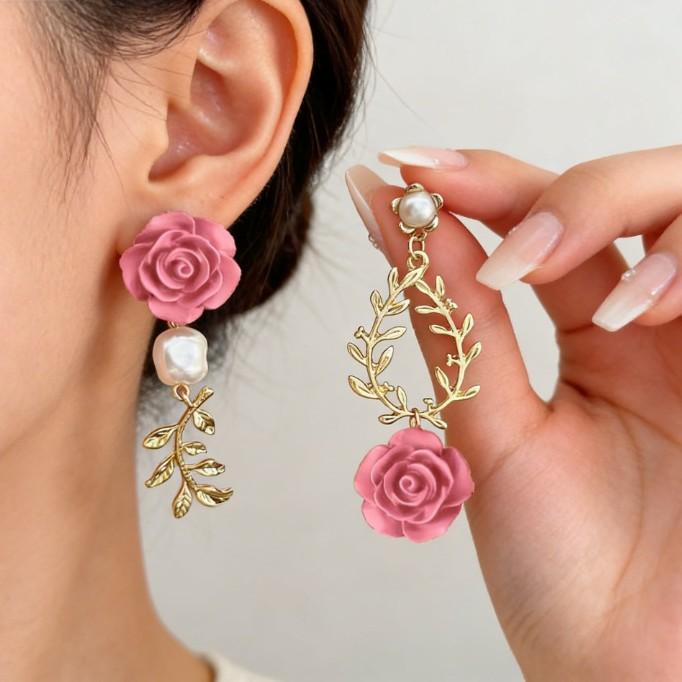 Baroque Pearl Leaf Rose Flower Earrings Temperament Stud Earrings Retro Earrings Premium Light Luxury Earrings Accessories