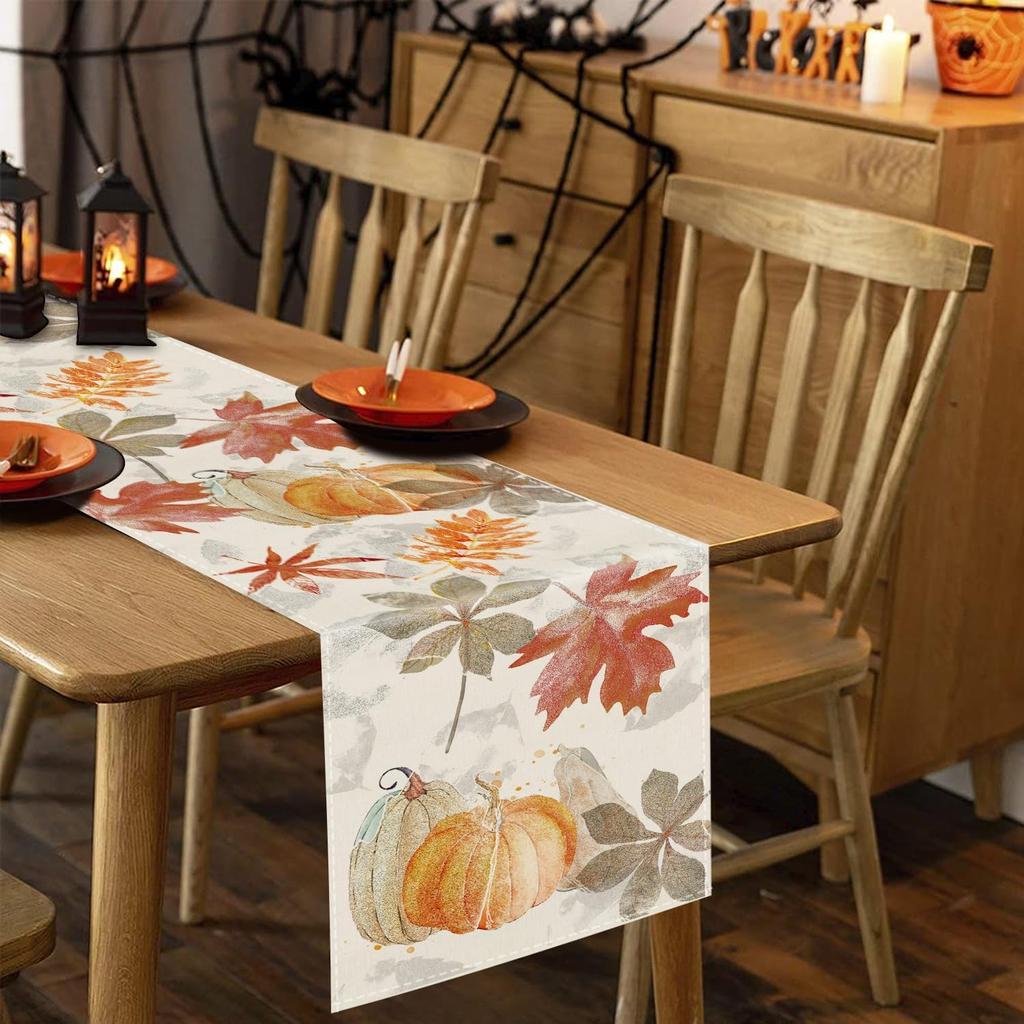 Fall Table Runner Pumpkin Maple Leaf Watercolor Vintage Table Runners Seasonal Autumn Thanksgiving Harvest Home Kitchen Dining Party Decorations