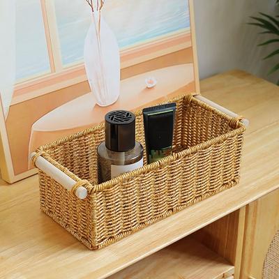 Creative Brown Storage Basket Wood Handle Rectangle Desktop Organization Box Woven Pattern Organizing Baskets Bedroom Decor