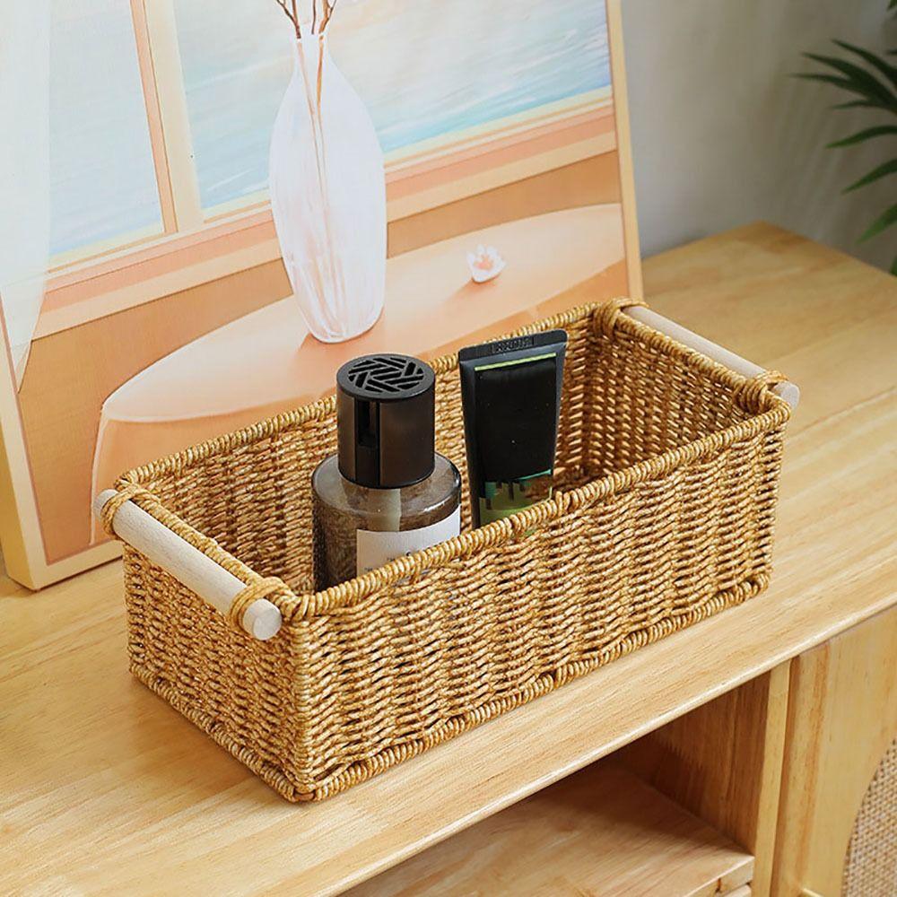Creative Brown Storage Basket Woven Pattern Wood Handle Organizing Baskets Rectangle Sundries Organizer Bar Organizing