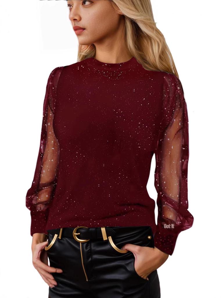 2026 European Glitter Long Sleeve Women's Casual Loose Round Neck T-shirt Top